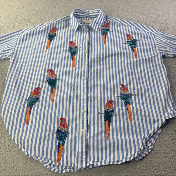 Maeve Parrot Button Down Shirt Womens XS / S Blue White Striped Sequin Oversized - Picture 5 of 9